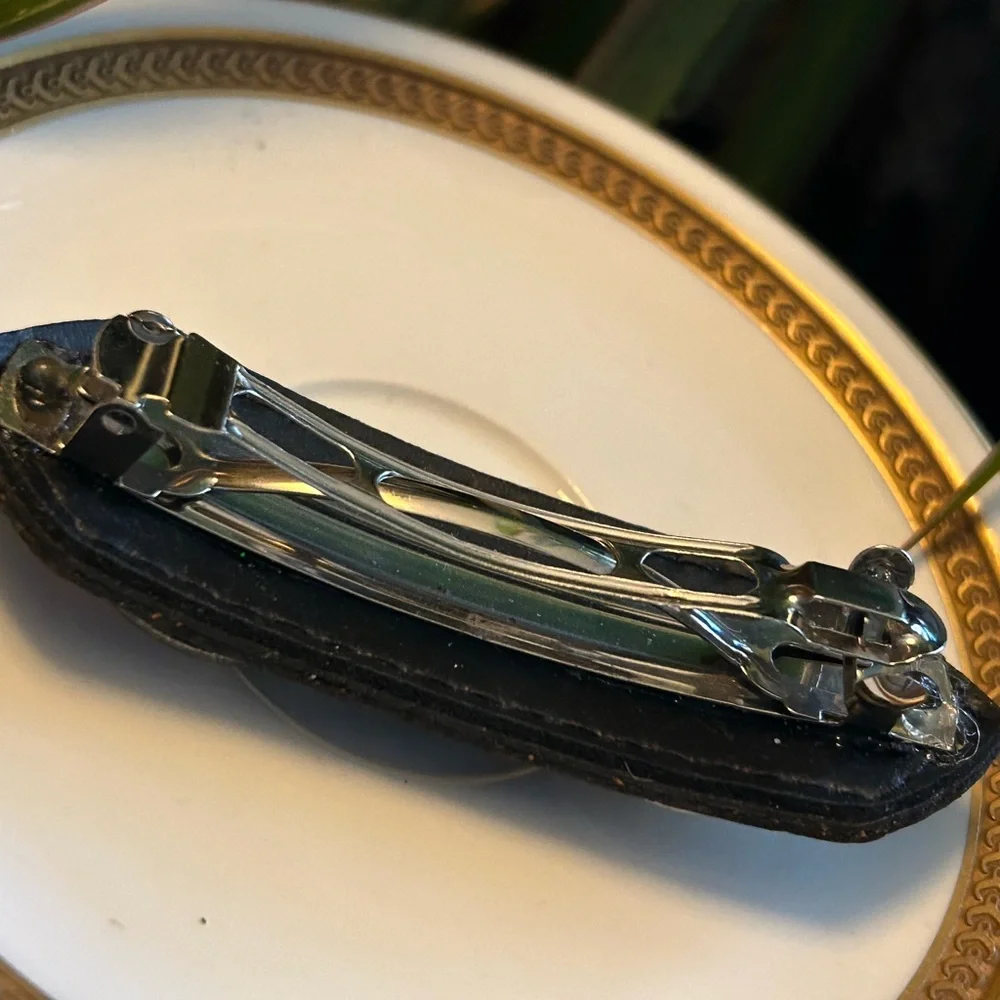 Vintage Brown Leather & Silver Metal Barrette